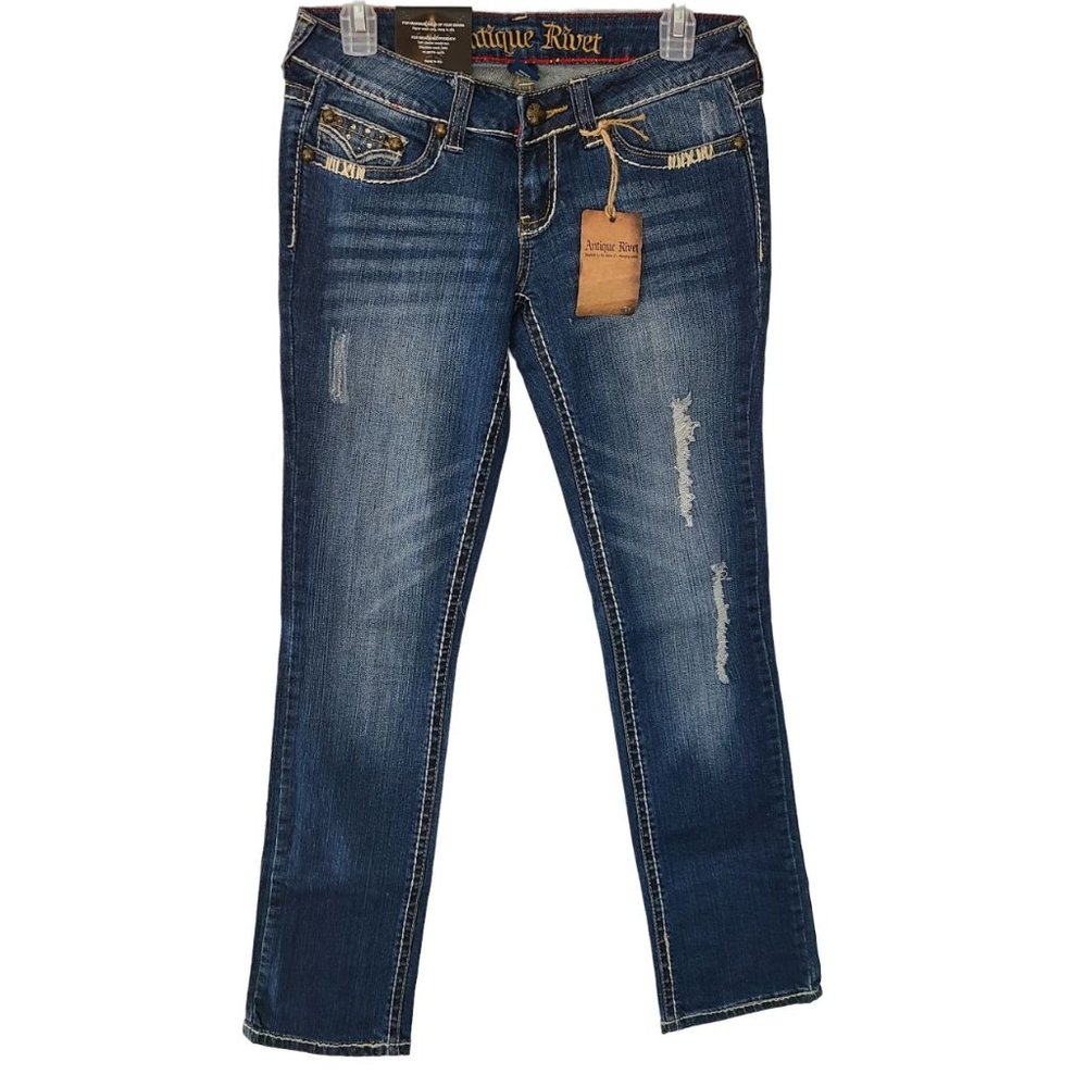 Antique River Womens 27 Blue Dark Wash Denim Distressed Straight Jeans NWT